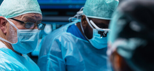 Team of medical doctors performs surgical operation in modern operating room using high-tech technology. Surgeons are working to save the patient in the hospital. Medicine, health and science.