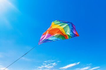 Vibrant, rainbow kite in the sky against a backdrop of clear blue sky, symbolizing the freedom and exhilaration of summer outdoor activities