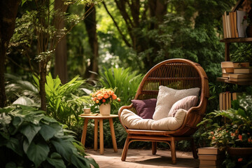 Cozy outdoor reading nook with a comfortable chair, a stack of books, and a side table with flowers, set against a lush garden backdrop
