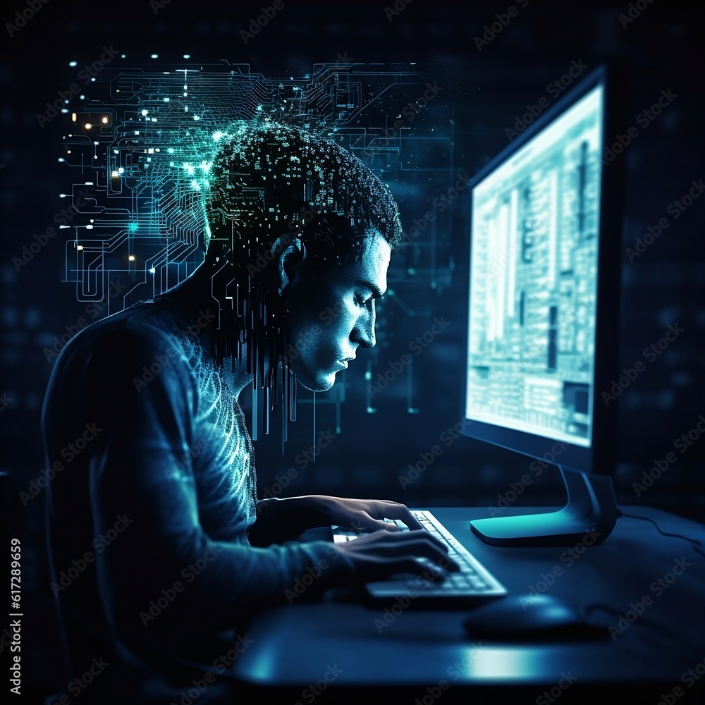 Poster a man is sitting in front of a computer, typing on the keyboard. he is looking at the screen, which 