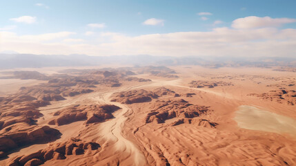 Fototapeta na wymiar an aerial view of desert and rocks. Panoramic view and aerial photography of a from Red Sand Dune. drone view of a breathtaking fantasy landscape. Generative AI