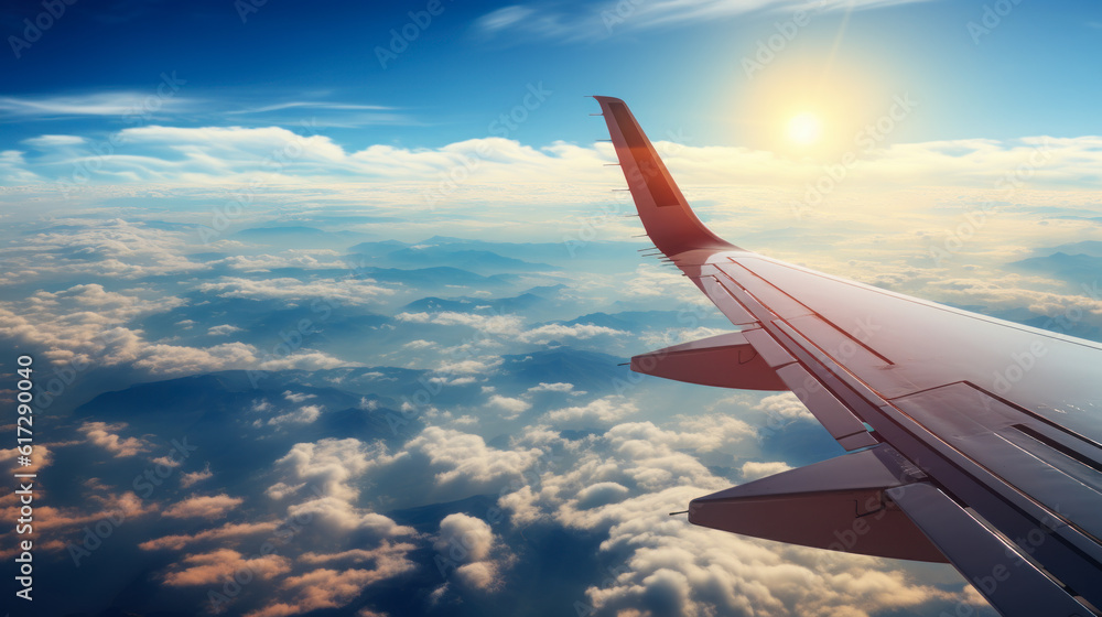 Wall mural view out of an airplane window showing an airplane wing