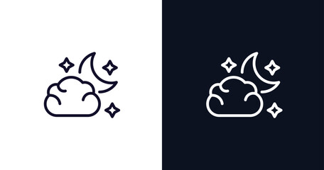 cloudy night icon. Thin line cloudy night icon from weather collection. Outline vector isolated on dark blue and white background. Editable cloudy night symbol can be used web and mobile