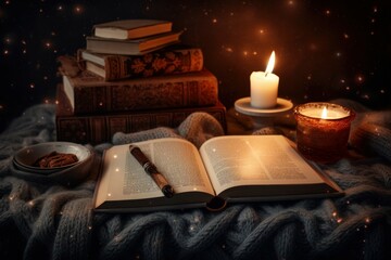 Cozy candles winter book. Generate Ai