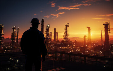 Fototapeta premium a worker standing with his back visible, facing the industrial factory at dusk