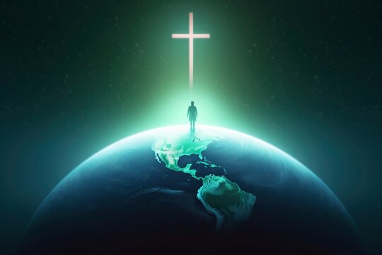 Globe with cross on the floor. Religious concept. Bring His light to the world