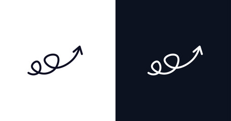 swirly scribbled arrow icon. Thin line swirly scribbled arrow icon from user interface collection. Outline vector isolated on dark blue and white background. Editable swirly scribbled arrow symbol