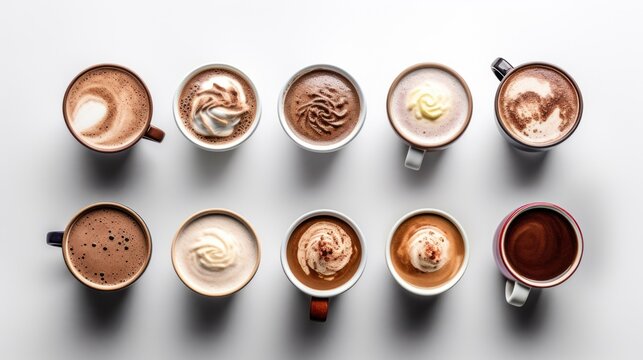 Cups of cocoa, white background, top view. AI generative image.
