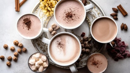 Obraz na płótnie Canvas Cups of cocoa, white background, top view. AI generative image.