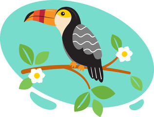Obraz na płótnie Canvas Toucan is an exotic bird with tropical flowers and jungle leaves. Cute cartoon bird. Vector illustration