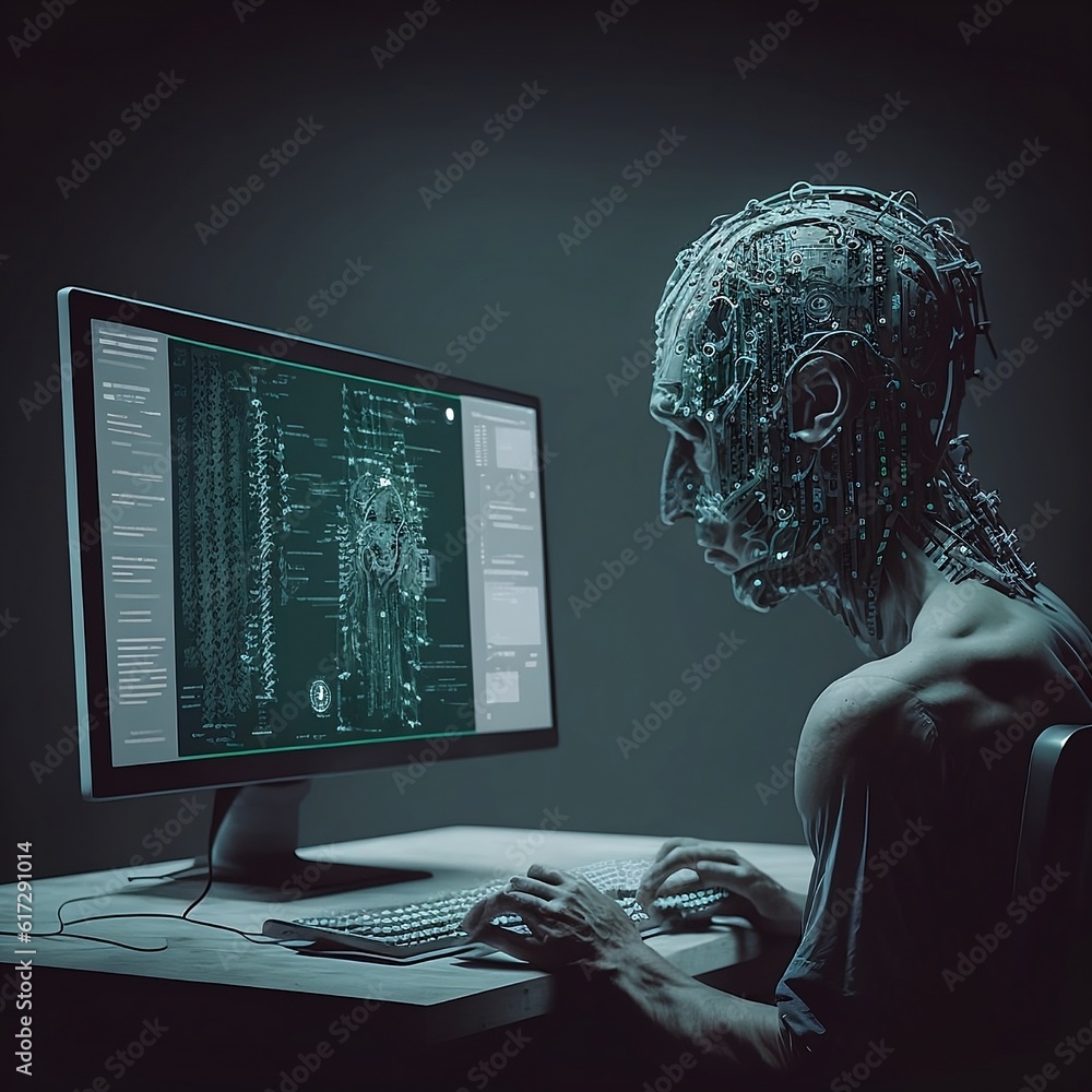 Poster a person, seemingly made of code, sitting at a computer with a green screen displaying code.