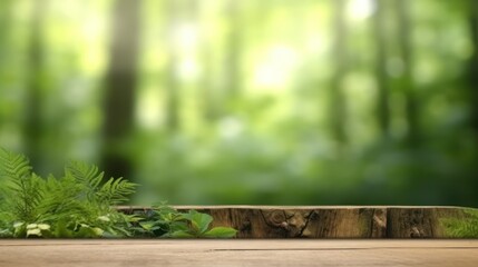 Green nature background, wooden table. AI generative image.