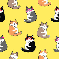 Seamless Pattern with Cartoon Cat Design on Yellow Background