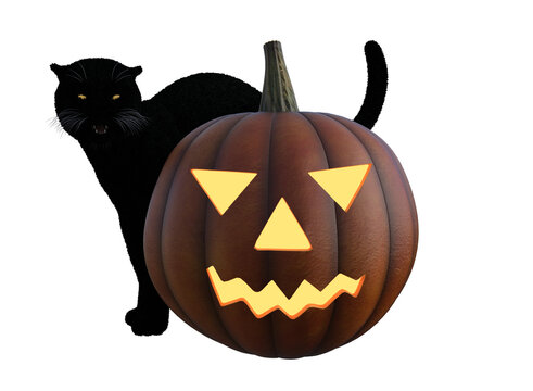 A Halloween image with a pumpkin with glowing eyes and a black cat