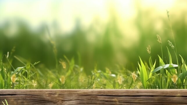Green nature background, wooden table. AI generative image.