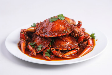 a plate of cooked crabs in spicy sauce on a white background