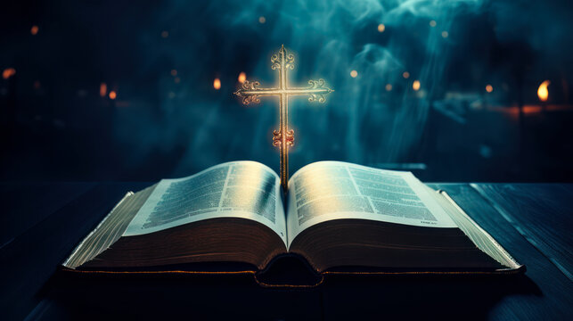 Dark blue backdrop with an open book and a shining cross.