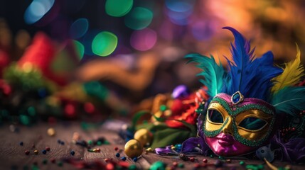 Fototapeta premium Carnival mask with colorful beads. Mardi Gras background.