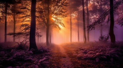 Mysterious dark forest with fog and sunbeams. AI generative image.