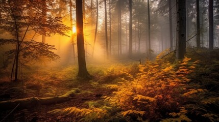 Fototapeta premium Mysterious dark forest with fog and sunbeams. AI generative image.