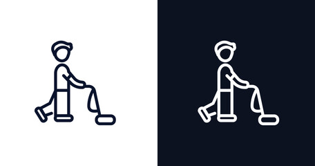 man vacuuming icon. Thin line man vacuuming icon from people collection. Outline vector isolated on dark blue and white background. Editable man vacuuming symbol can be used web and mobile