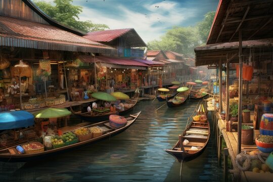 Floating food market river. Generate Ai