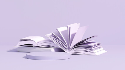 Books isolated on pastel purple background. book concept. Minimal style. 3D rendering for web page, audition, presentation or picture frame backgrounds.

