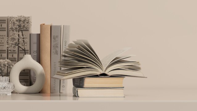 Vintage books stack and podium. Bookcase with old books in the interior. Bookstore, decoration, bookshelves in a beige and white color background. 3D render