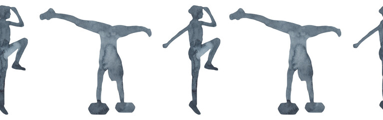 Sports at sunrise border.Running.Gymnastics.Morning gym.Watercolor silhouette sport isolated on white background.