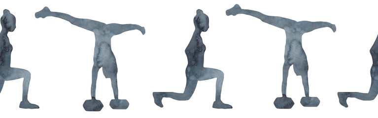 Sports at sunrise border.Running.Gymnastics.Morning gym.Watercolor silhouette sport isolated on white background.