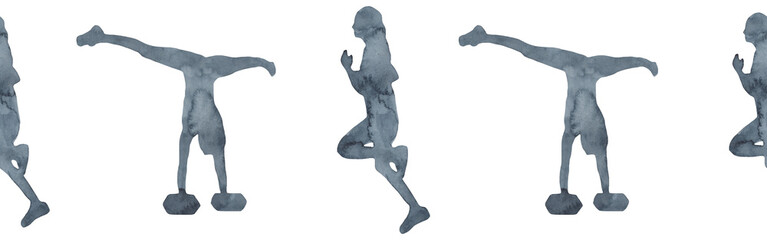 Sports at sunrise border.Running.Gymnastics.Morning gym.Watercolor silhouette sport isolated on white background.