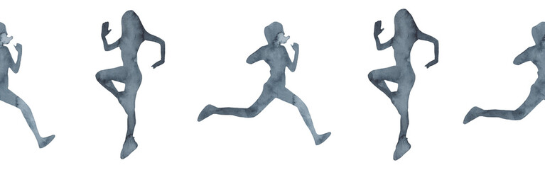 Sports at sunrise border.Running.Gymnastics.Morning gym.Watercolor silhouette sport isolated on white background.