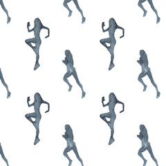 Sports at sunrise pattern.Running.Gymnastics.Morning gym.Watercolor silhouette sport isolated on white background.