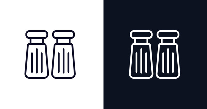 Salt shaker outline icon vector illustration. Black line glass container  with powder or grain salt and pepper seasoning spices to add salty flavor  to food while cooking, restaurant and home utensil Stock