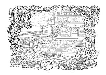 Romantic cozy town. Coloring page with bridge and castle. Vector.