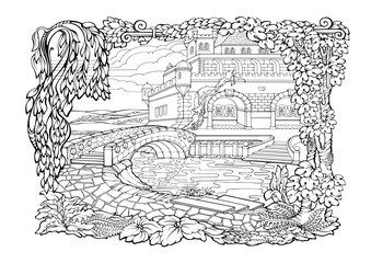 Obraz premium Romantic cozy town. Coloring page with bridge and castle. Vector.
