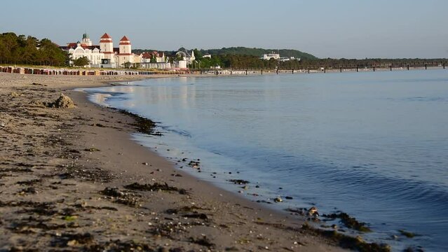 Beach in the Baltic resort of Binz shortly after sunrise, on the horizon the Kurzhaus Binz, pier, Baltic resort of Binz, Ruegen Island, Mecklenburg-Western Pomerania, Germany, Europe