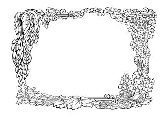 Botanical border with tropical plants. Outline floral frame. Vector