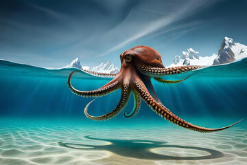 Octopus on water, camouflaging and propelling through the sea