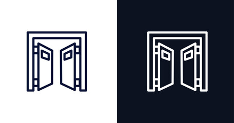 doors open icon. Thin line doors open icon from construction collection. Outline vector isolated on dark blue and white background. Editable doors open symbol can be used web and mobile