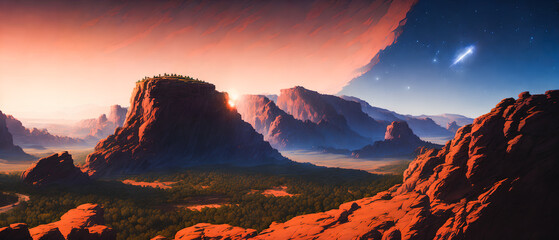 Red rock landscape. Cliffs and canyons. Generative AI.