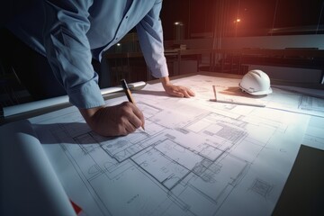 an architect draws a house plan. construction of houses. generative ai.