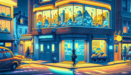 Surrealist street in the heart of a colorful city. Generative AI.