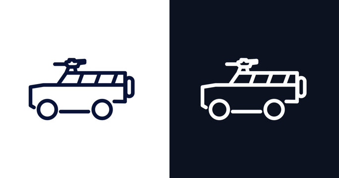 armored vehicle icon. Thin line armored vehicle icon from military and war and  collection. Outline vector isolated on dark blue and white background.