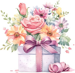 Watercolor bouquet of flowers and gift boxes. Hand drawn illustration