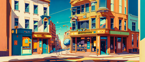 Fototapeta premium Surrealist street in the heart of a colorful city. Generative AI.