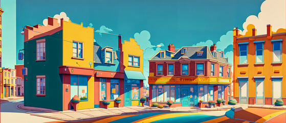 Fototapeta premium Surrealist street in the heart of a colorful city. Generative AI.
