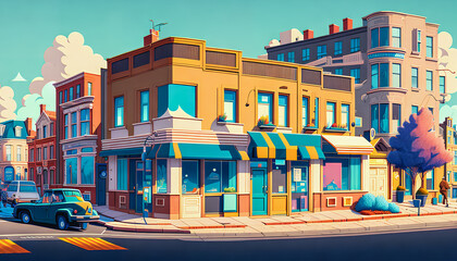 Surrealist street in the heart of a colorful city. Generative AI.