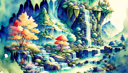 Magical waterfalls in a fairytale ambiance. Watercolor style. Generative AI.