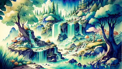 Fototapeta na wymiar Magical waterfalls in a fairytale ambiance. Watercolor style. Generative AI.
